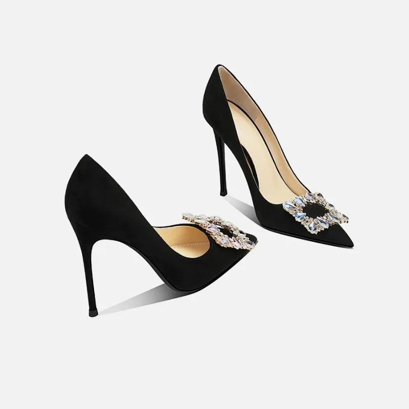 New rhinestone black high heels for women, pointed and slim heels, versatile temperament, frosted dress, suede single shoes
