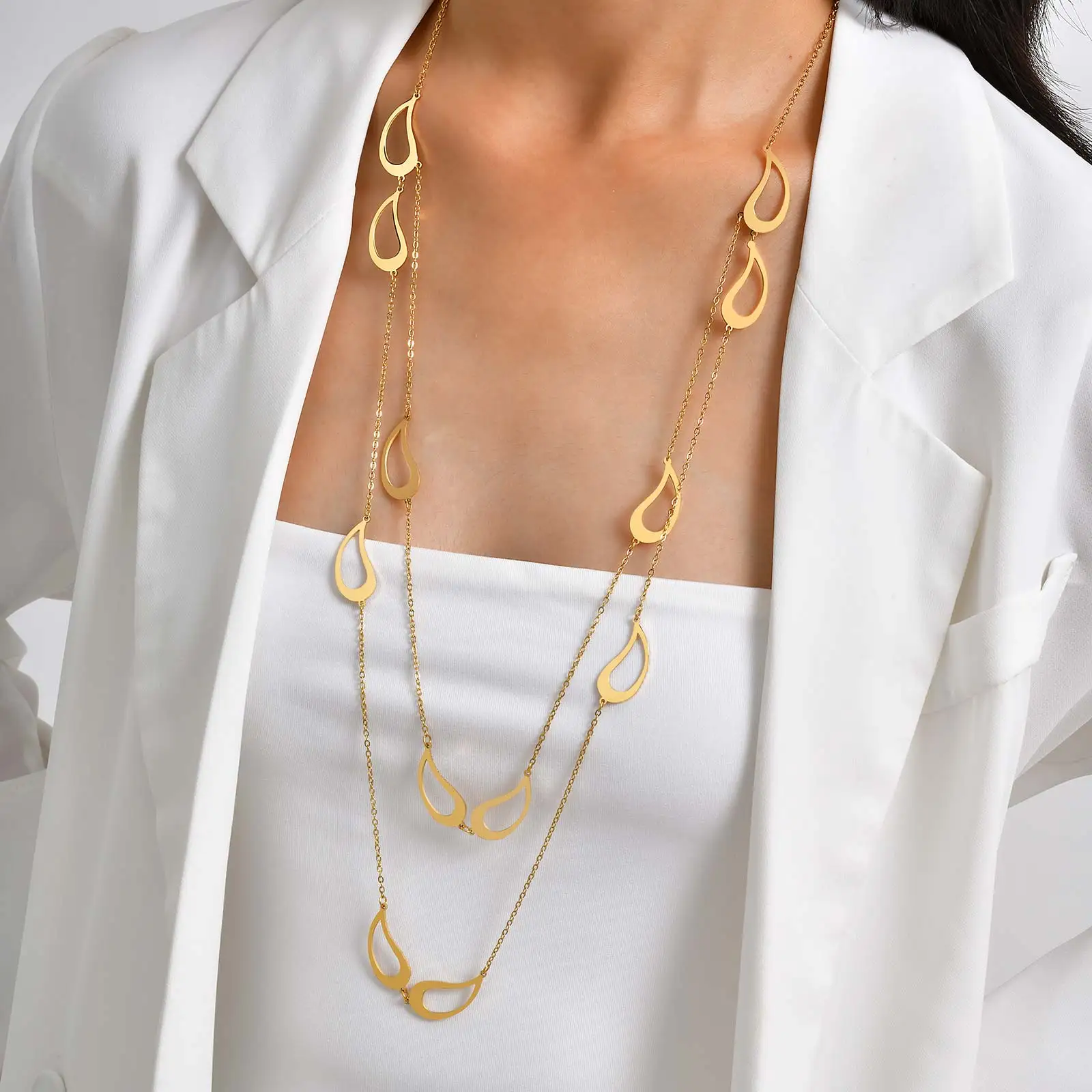 Fashion Hollow Waterdrop Double Layer Necklace for Women,Gold Color Stainless Steel Necklaces,Match Dress Accessories Jewelry