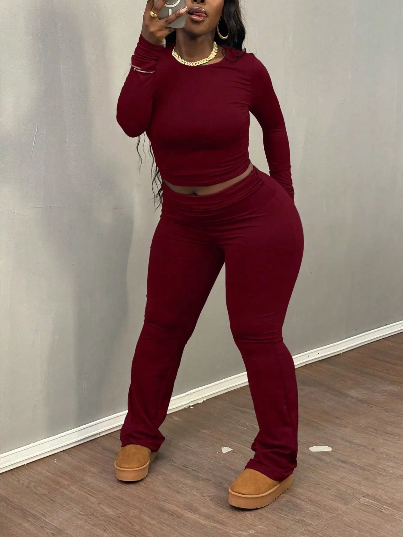 

Women's Plus Size Solid Color Two-Piece Set - Simple Slim Long Sleeve Top & Pants