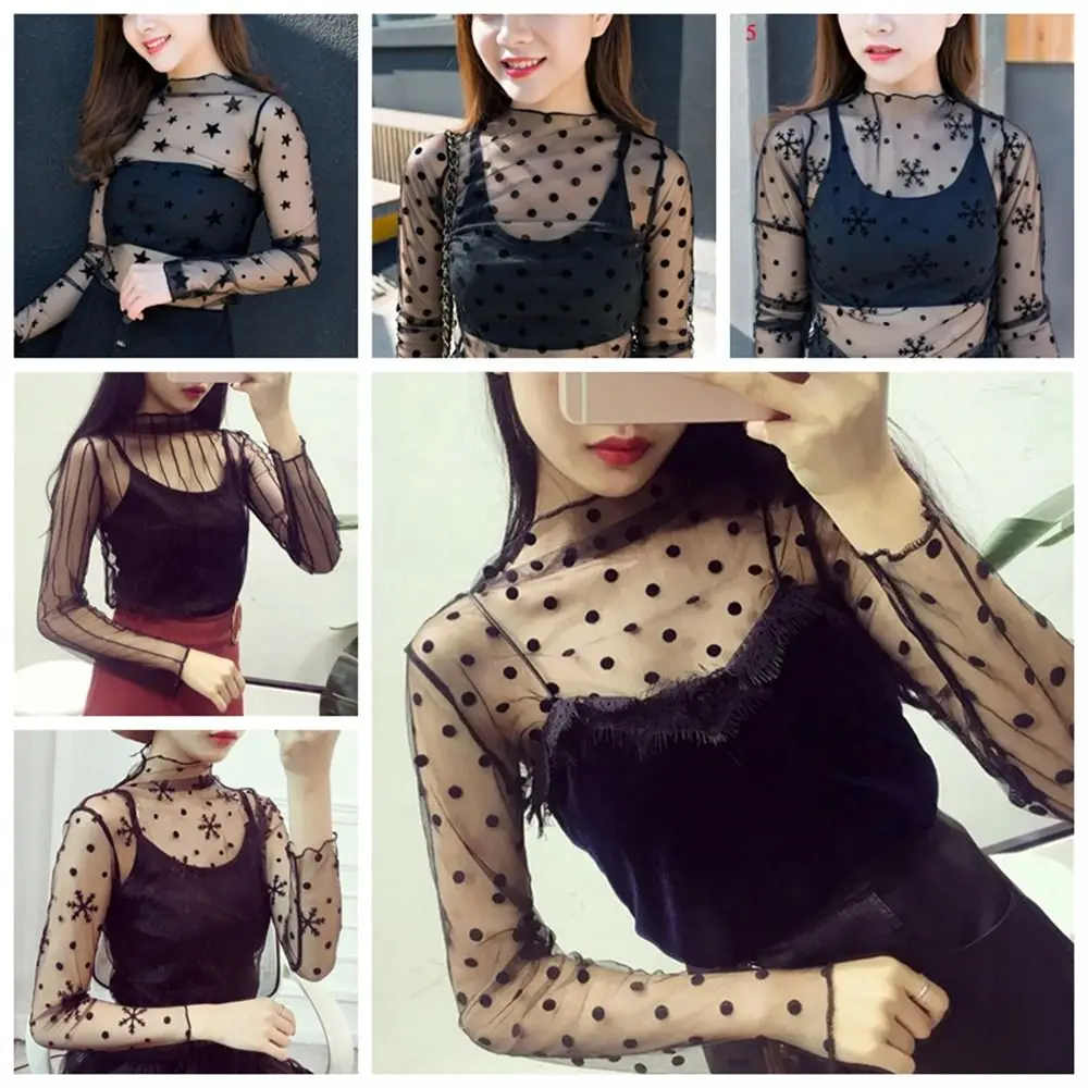Fashion See-Through Lace T Shirt Long Sleeve Mesh Fishnet Mesh Ladies Tops Turtleneck Blouses Transparent T-shirt Undershirt