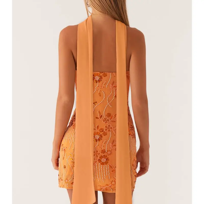 Combhasaki Women Luxury Strapless Summer Beading Glitter Sequins Floral Embroidery Backless Bodycon Short Tube Dress with Scarf