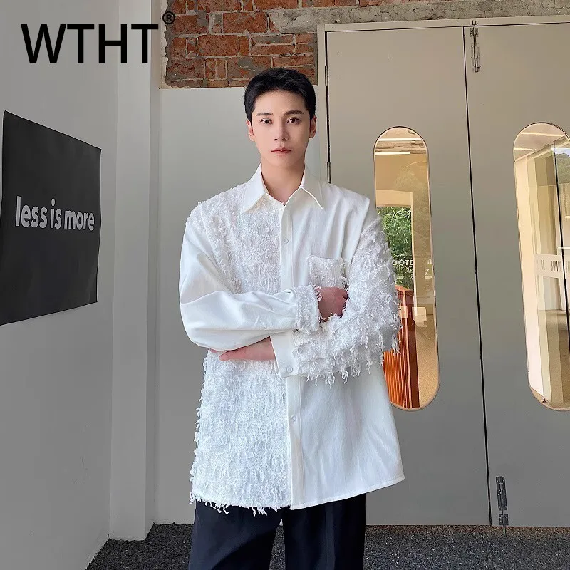 

WTHT модные осенние мужские однотонные свободные рубашки с кисточками 2024, модные топы с отложным воротником и длинными рукавами, мужские 2A1860
