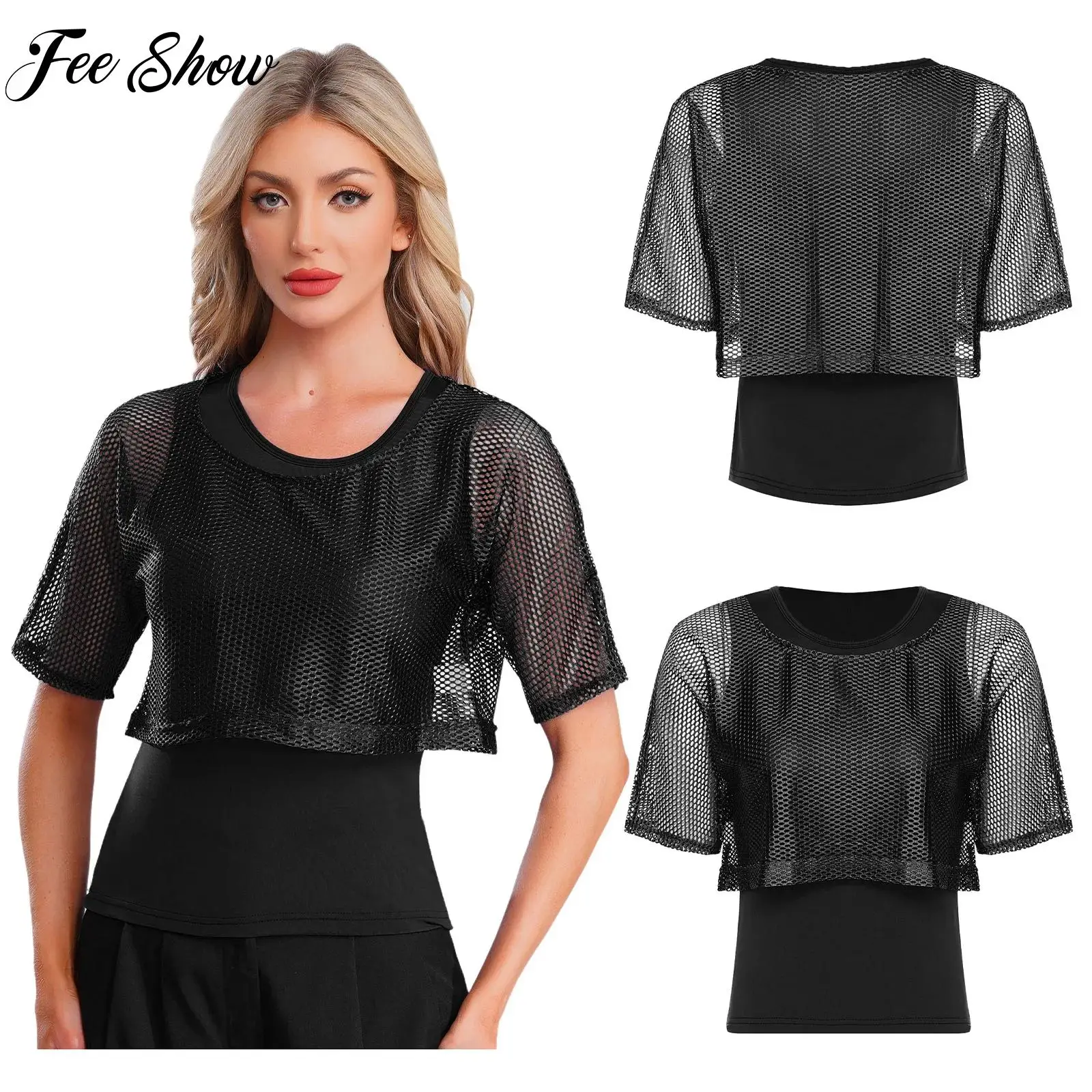 

Women 80s Rave Disco 2-piece Street T-shirt Top Music Festival Short Sleeve Off Shoulder Fishnet Crop T-shirt And Basic Tank Top