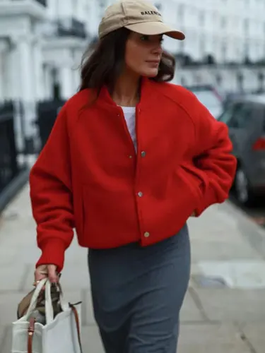 HH-chaquetas Bomber de moda urbana para mujer, abrigos de béisbol rojos Retro informales de manga larga con un solo pecho y bolsillos, otoño
