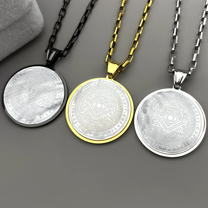 

Natural Shell Annuit Coeptis All Seeing Eye Of Providence Necklace for Women Men Gold Color Stainless Steel Chain Jewelry Gift