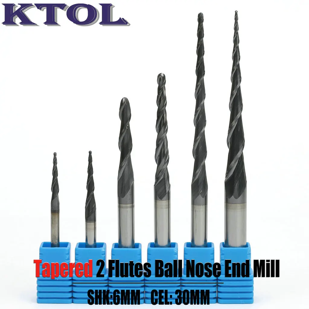 

6x30mm 2 Flute Spiral Tapered Ball Nose End Mill Solid Carbide Router Bit Woodworking Cutters CNC Engraving Tool for 3D Carving