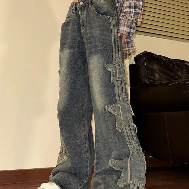 Casual gewassen ster grafische patch vloerlengte jeans noodlijdende rechte vintage denim broek dames wijde pijpen broek streetwear