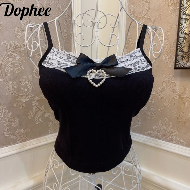 

Dophee Original Spice Girls Pearl Love Bow Midriff-baring Camisole Slimming Crop Top Elegant Lace Splicing Chest Pad Tanks Top