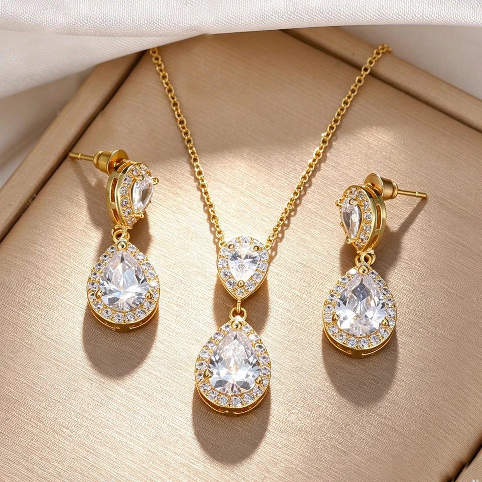 ZAKOL Classic Big Water Drop AAA Cz Zirconia Dangle Earrings Necklace Sets for Women Engagement Wedding Party Jewelry Gift