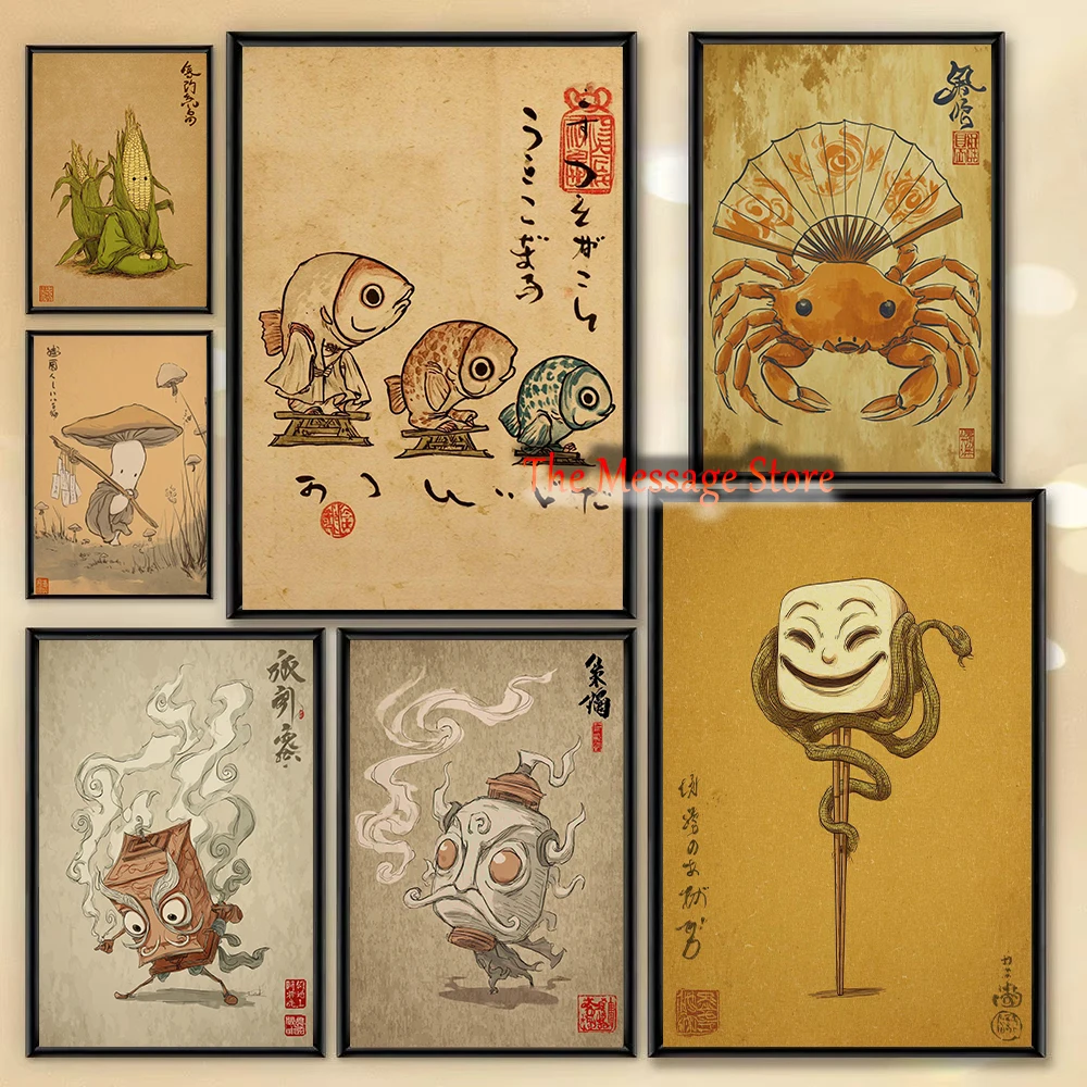 Arte de pared japonés Yokai, obra de arte de mitología folclórica, comida, pescado, póster de espíritu asiático tradicional, pintura en lienzo, imágenes de pared, decoración