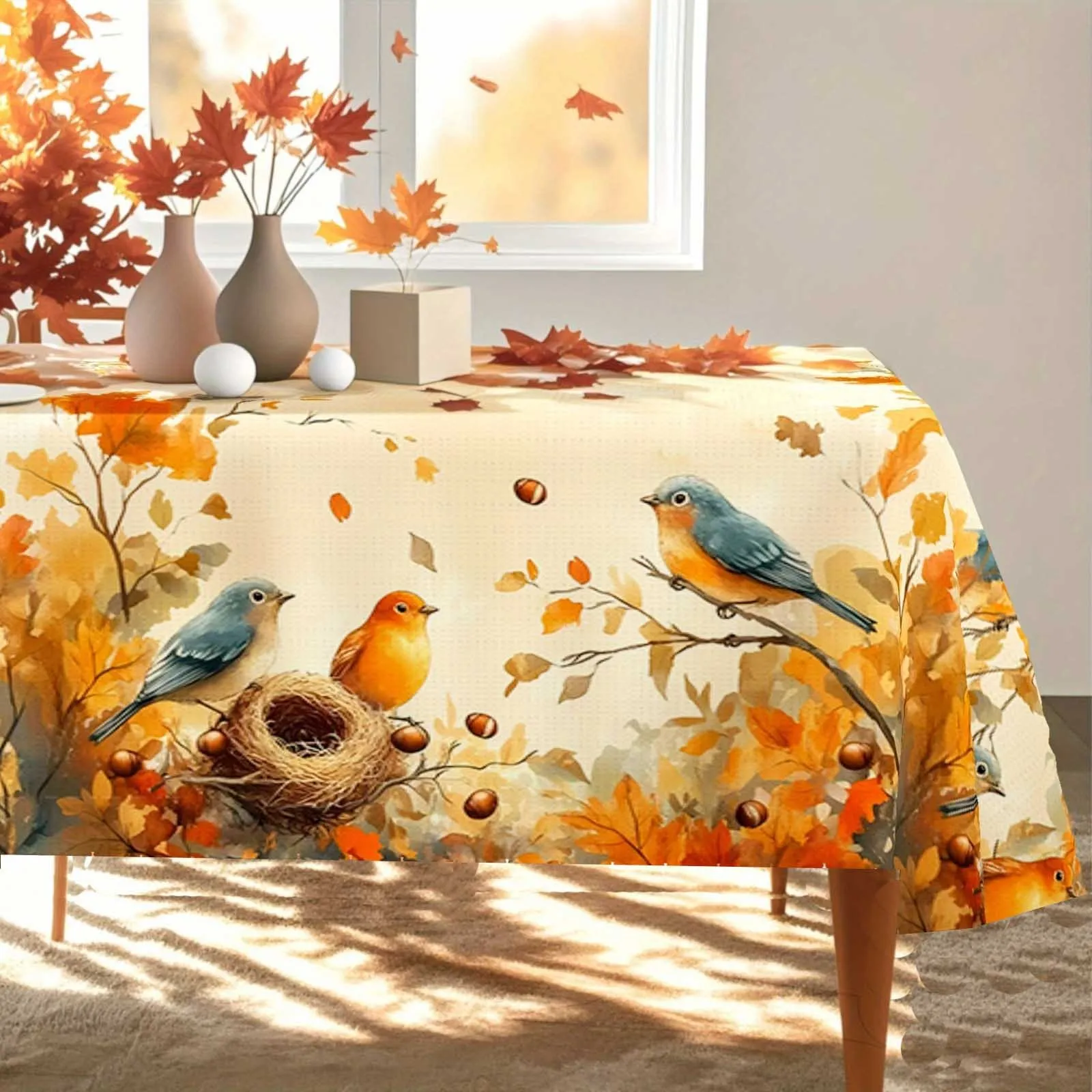 1pc  Autumn Watercolor Bird & Maple Leaf Print Tablecloth Fall Farmhouse Rectangular Dining Table Cover for Kitchen Dining Room
