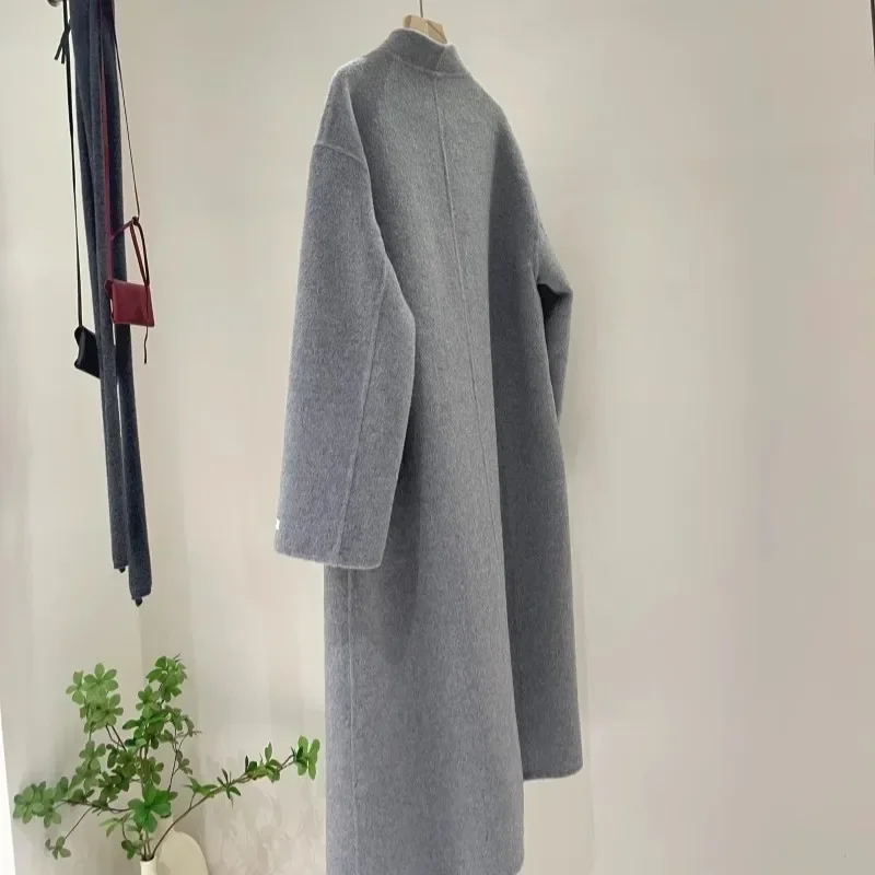 Premium gray double-sided wool woolen coat for women's 23 autumn and winter new stand-up collar medium and long thickened woolen