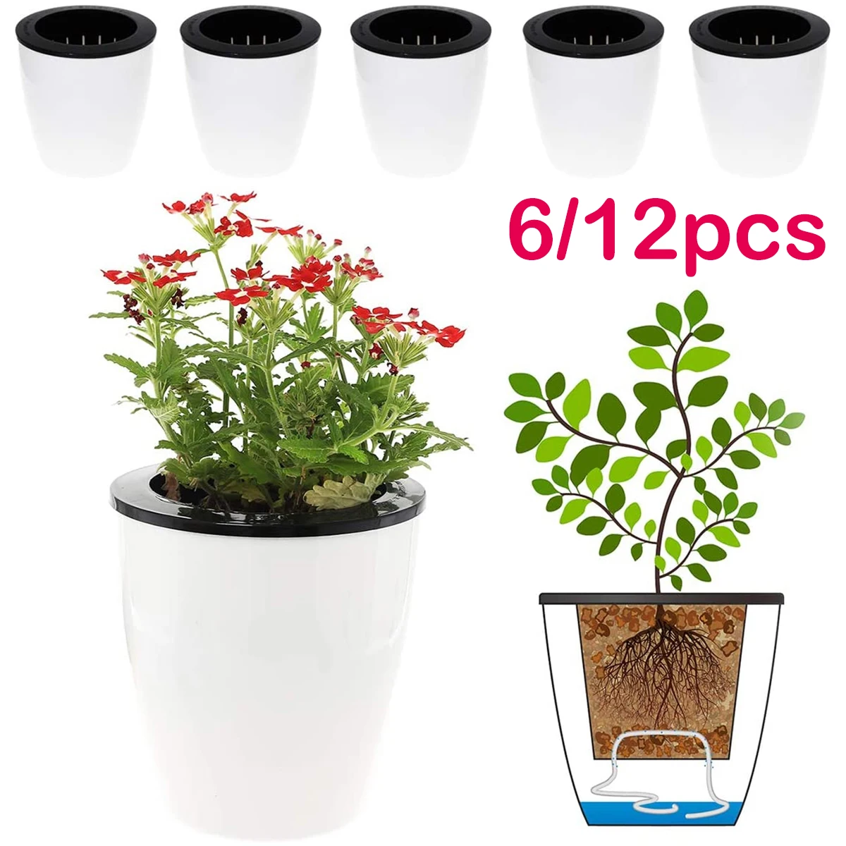 

6/12Pcs Lazy Hydroponic Flower Pot Automatic Water-Absorbing Flowerpot With Cotton Rope for Indoor Plants Plastic Self Watering