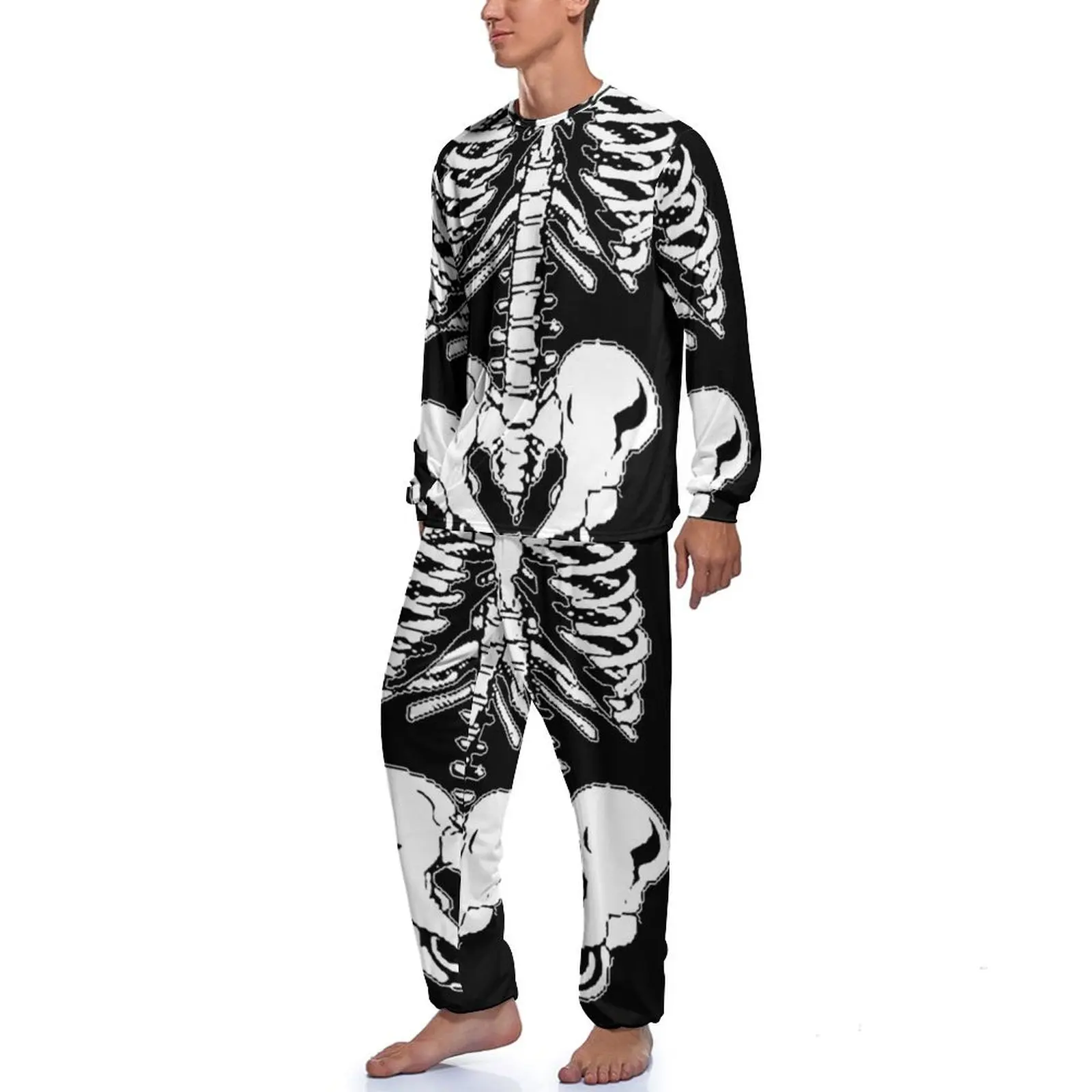 Halloween Skeleton Pajamas Men Rib Cage and Pelvis Spooky Warm Sleepwear Spring Long Sleeve 2 Pieces Casual Printed Pajamas Set