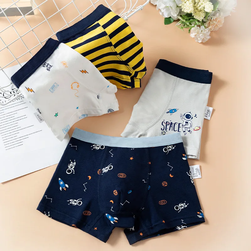 4piece/pack Teen Underwear Cotton Children Breathable Boxer Shorts Cartoon Elephant Print Underpants for Toddler Boys 4 8 12 14Y