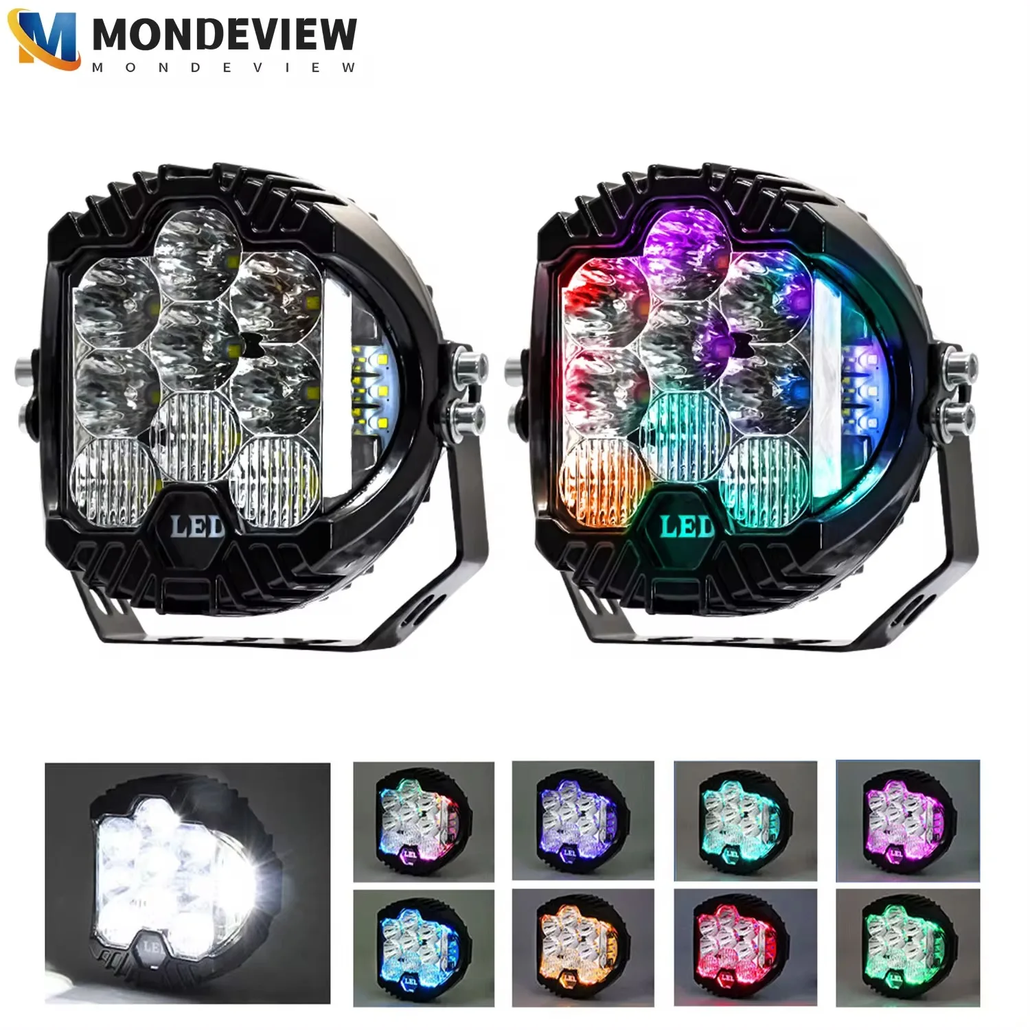 MONDEVIEW 5-inch circular colorful angel eye work light with three sides flashing LED spotlight 18000LM 6000K car driving light