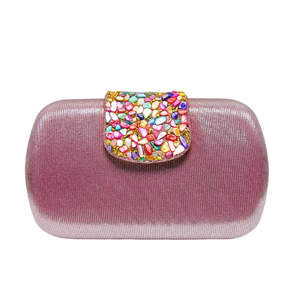 Rose Pink Vertical Glitter Color Gem Patch Flap Rectangle Clutch Luxury Sparkling Evening Purse Mature Women Heavy Craft Handbag