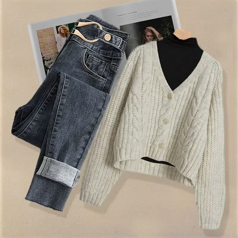 Autumn and Winter Women\'s Set 2022 New Slouchy Knitted Cardigan Sweater Age Reducing Jeans Elegant Women\'s Two Piece Set