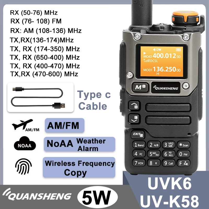 Quansheng UV-K6 워키토키, 5W 에어 밴드 라디오, C타입 충전, UHF VHF DTMF FM 스크램블러, NOAA 무선 주파수, 양방향 cb무전기 