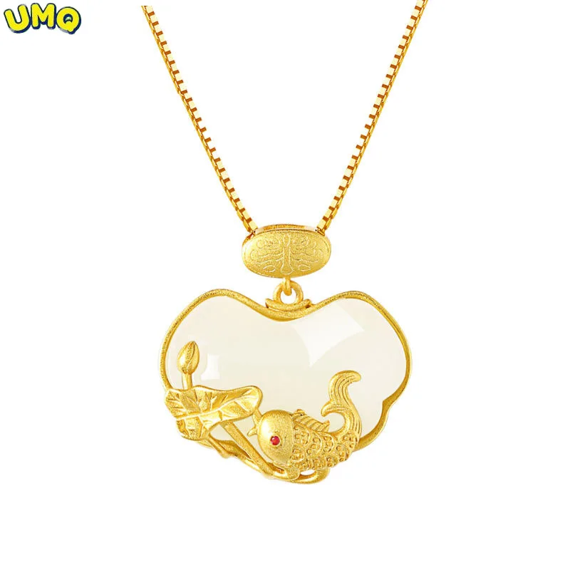 

Copy 100% Real Gold 24k 999 gilding 999 inlay Hetian white jade lotus leaf small fish Ruyi lock female Pure 18K Gold Jewelry