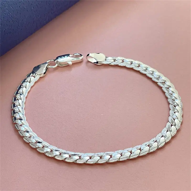 925 Sterling Silver 5mm 18/20cm Flat Side Chain Bracelet For Woman Man Wedding Engagement Jewelry Gifts