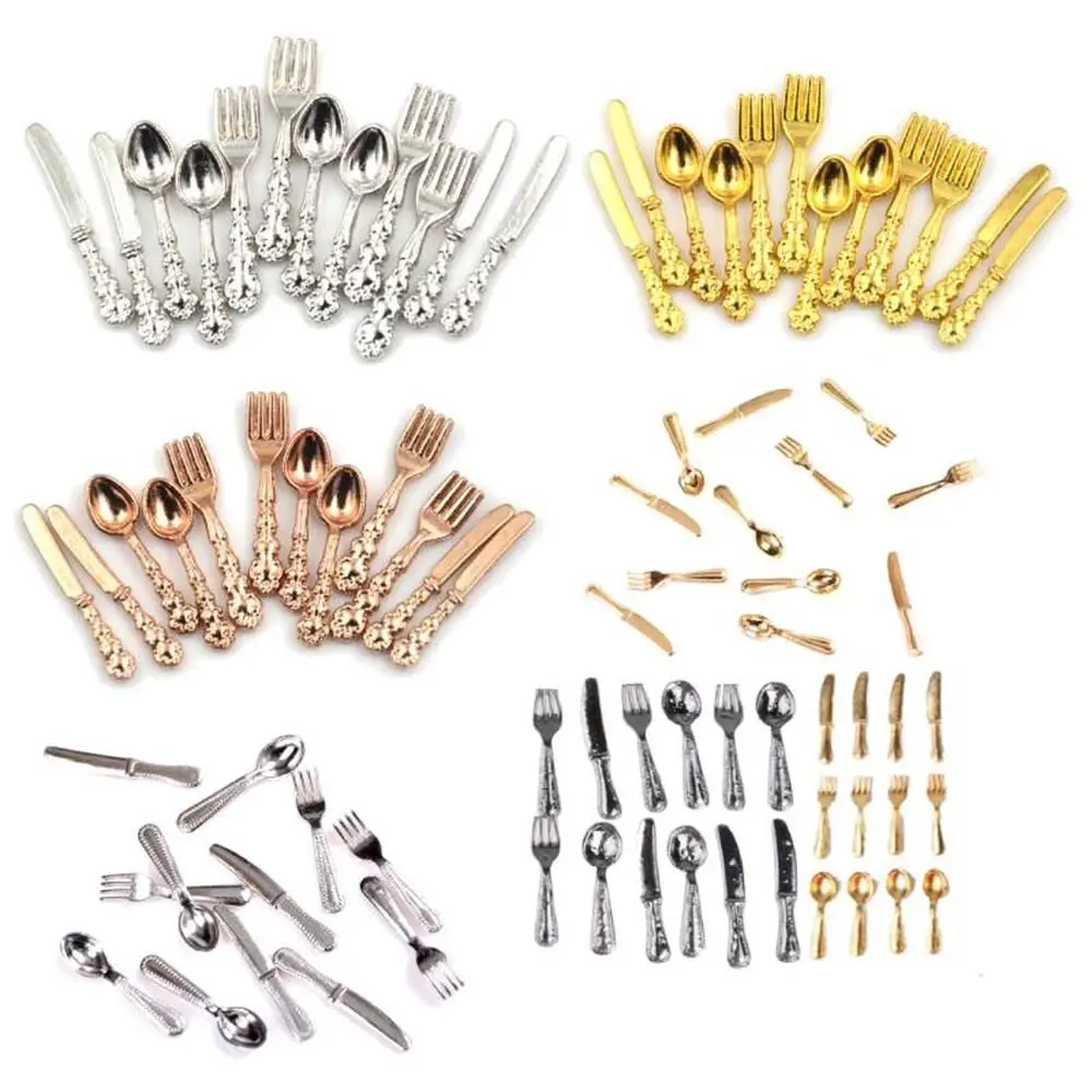 12PCS Metal 1:12 Scale Dollhouse Furniture  Accessory Fork Knife Spoon Miniature Cookware Simulation Mini Cutlery
