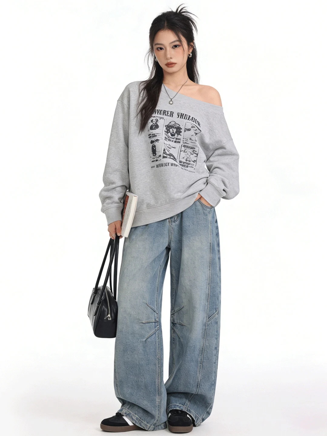 

Korean Sle High Waist Wide Leg Denim Jeans Loose Fit Waed Effect Design Sensation Nine Point Knife Pants Early Spring
