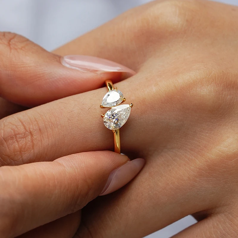 

1.5CTTW 2 Gems Pear Cut D Moissanite Ring For Women S925 Silver 18K Gold Plated Sparkling Wedding Lab Diamond Band Jewelry Gift