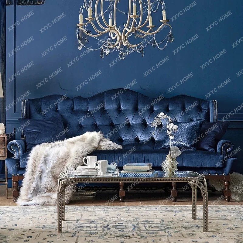 Vintage Tufted Sofa Living Room Straight Multi Person Sofa Soft Pack Solid Wood