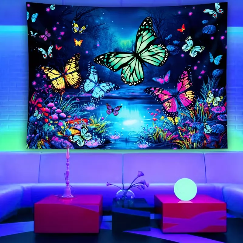 VIKAMA Blacklight Butterfly Tapestry UV Reactive Neon Butterflies Dark Forest Pond Colorful Wall Hanging Wall Art Dorm Decor