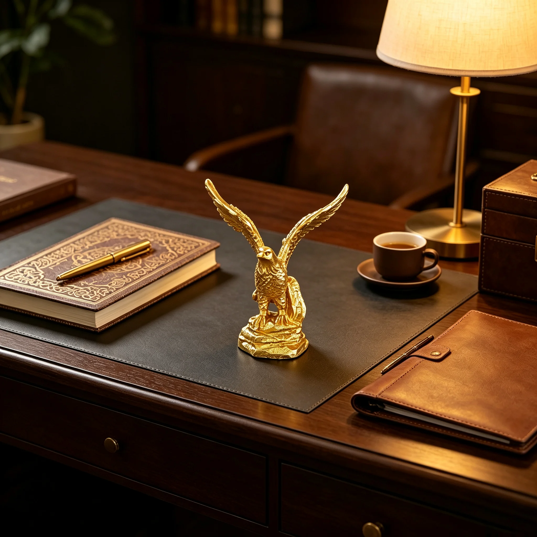 Goldene Adler-Statue aus Kunstharz, Fliegender Adler als Skulptur, Luxuriöse Schreibtischdekoration, Büro- und Heim-Ornament, Geschenk für Erfolg und Macht
