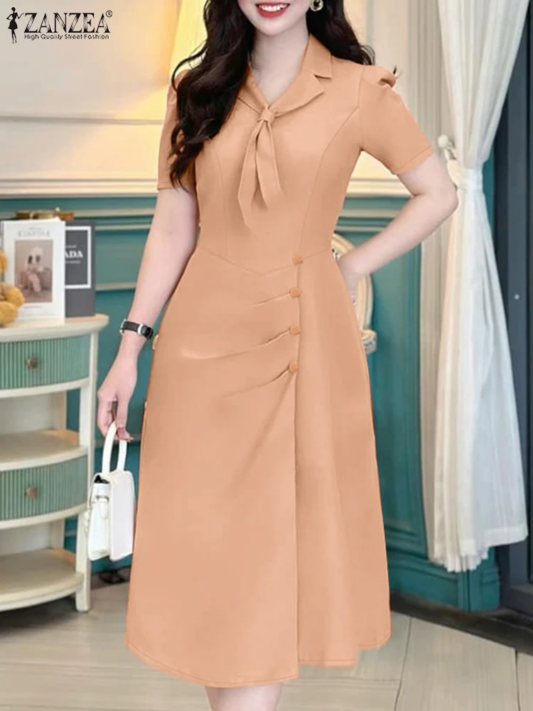 

ZANZEA Elegant Woman Draped Midi Dresses Fashion Sailor Collar Short Sleeve A-line Robes Femme Commute Office Solid Vestidos