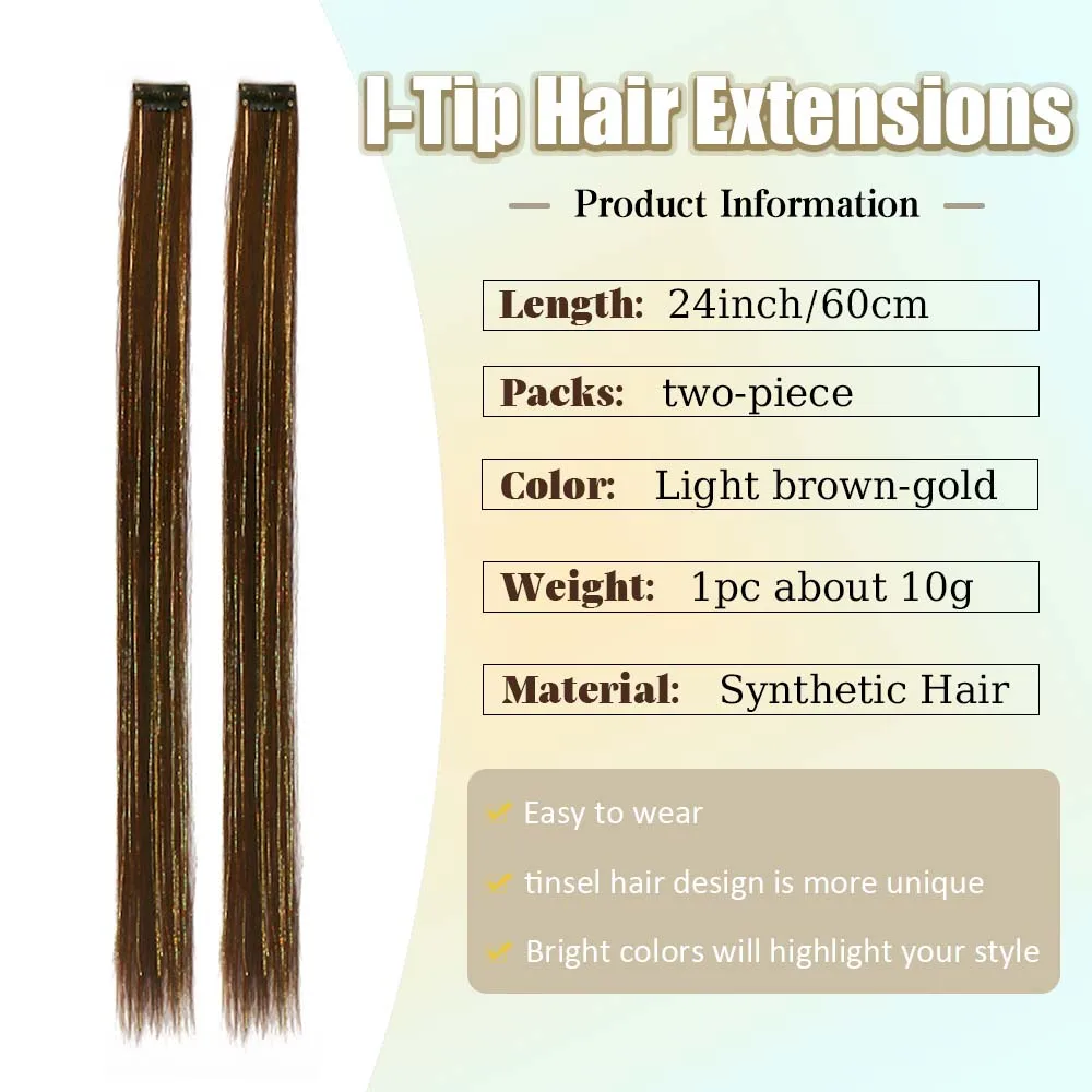 2PCS light brown with tinsel Hair Extensions,24inch Sparkling Hair Clips Multicolored Clip In On Hair Extension Synthetic Hair