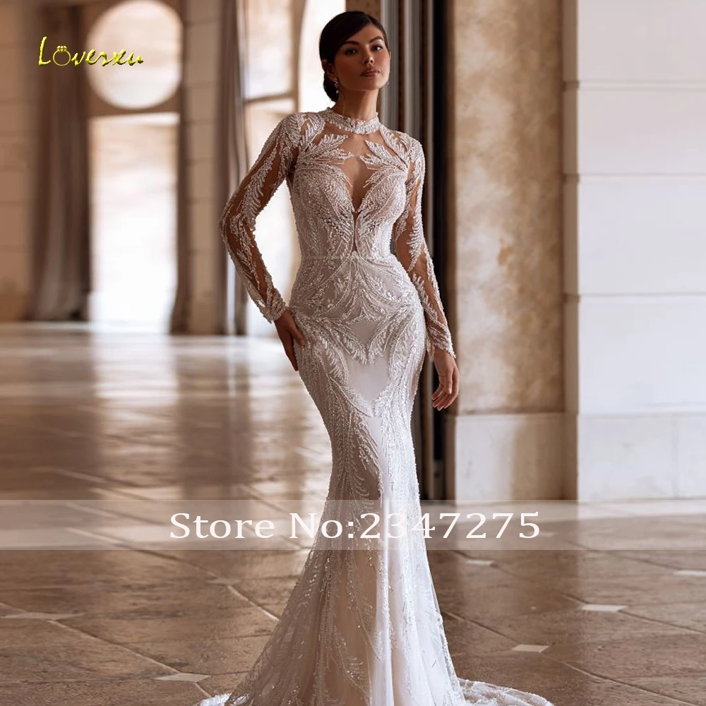 Loverxu sereia vestidos de casamento alta pescoço manga longa vestido de novia renda bordado trem destacável feito sob encomenda vestido de noiva