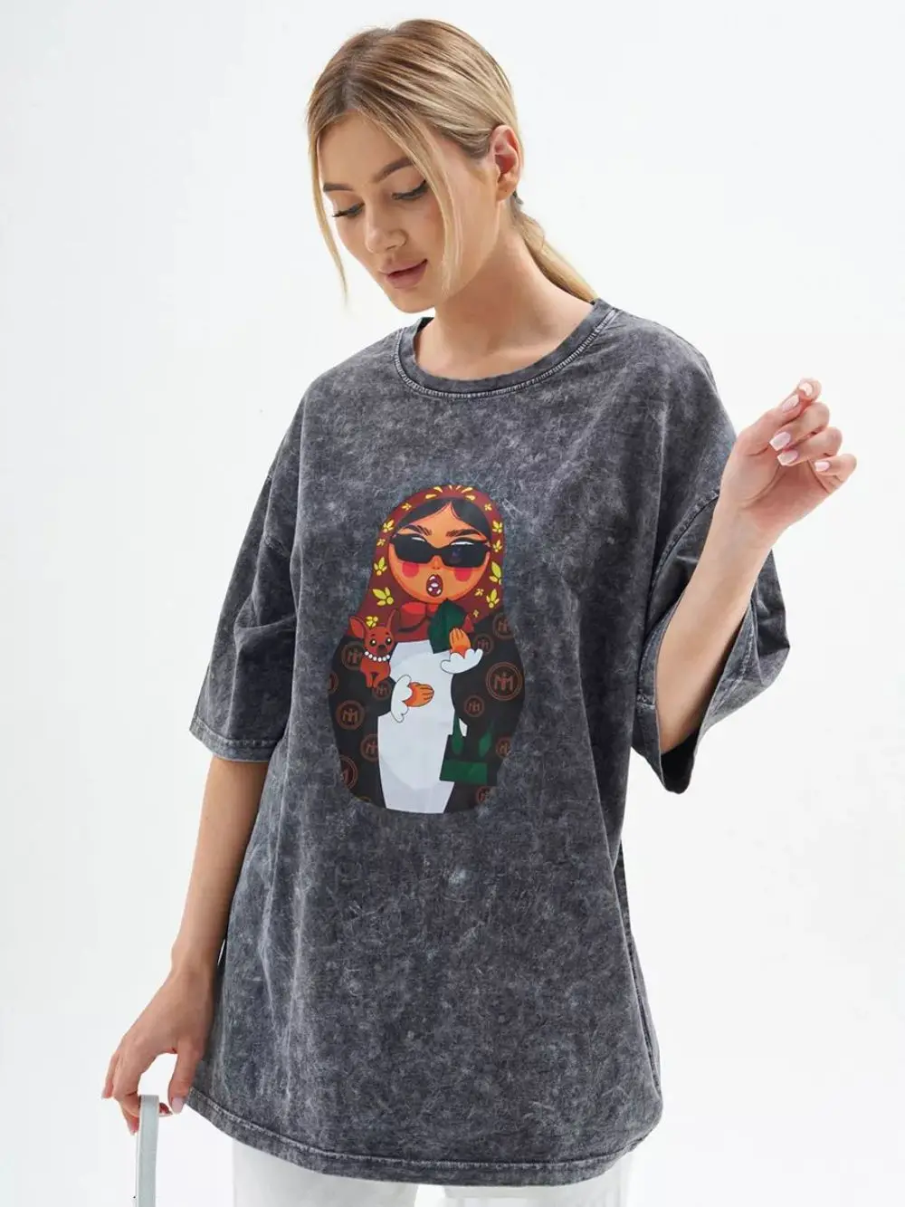 Women's Washed T-shirts O-Neck Oversized Soft Cotton Short Sleeve Tee Russian Nesting Doll Prints Tops Vintage Female Clothes