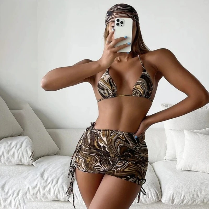 4 kawałki strój kąpielowy kwiatowy nadruk Halter Bikini-Set kostiumy kąpielowe Sexy zasznurować strój kąpielowy z plaży spódnica chustka dla kobiet