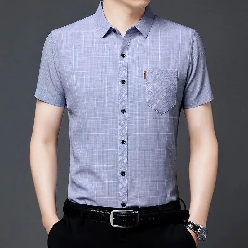 Men's Turn Down Collar Short Sleeve Checkered Shirt Slim Fit Business Casual Top With Pocket