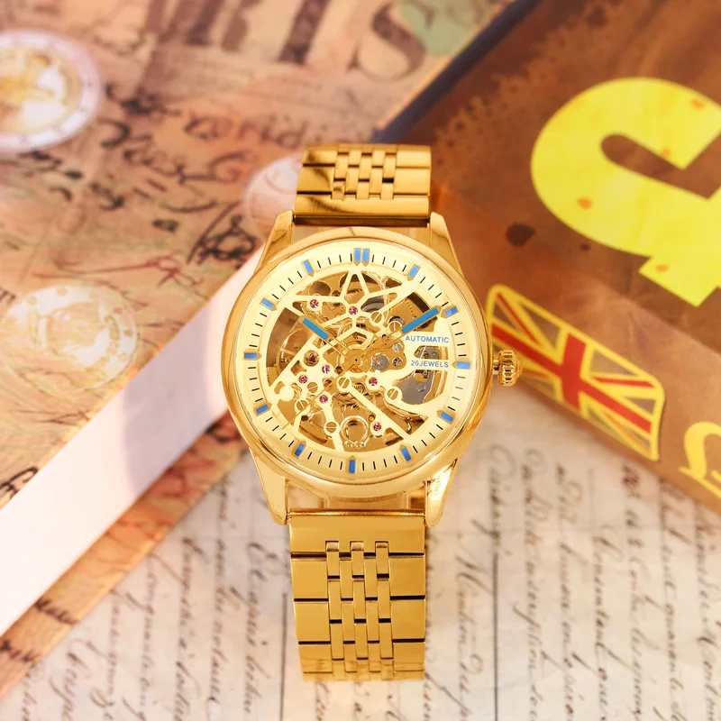 ساعة ميكانيكية فاخرة بحزام فولاذي ذهبي على طراز الأعمال من توربيون سيستار أوتوماتيكية بالكامل