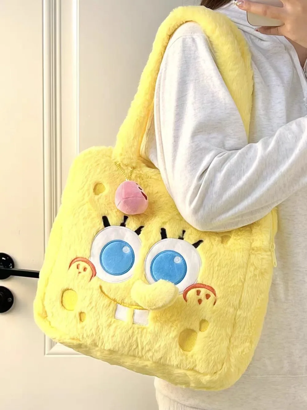 Pluche SpongeBob Schoudertas Grote Capaciteit Handheld Boodschappentas Leuke Anime Cartoon Studententas Meisje Verjaardagscadeaus Speelgoed