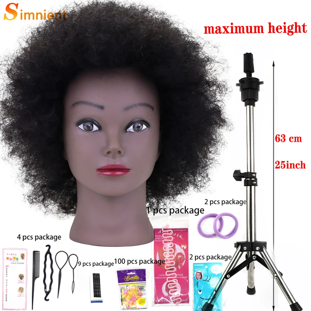 Afro Mannequin Heads With 100% Human Hair With Adjustable Tripod Hairdressing Dolls Training Head For Practice Styling Braiding