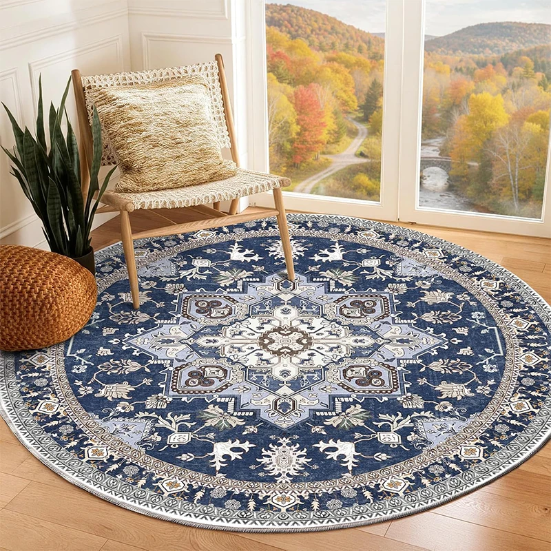 Round Living Room Floor Mat Non-slip Machine Washable Soft Carpet Bohemian-Style Retro Blue-Toned Rug Home Decoration Carpets