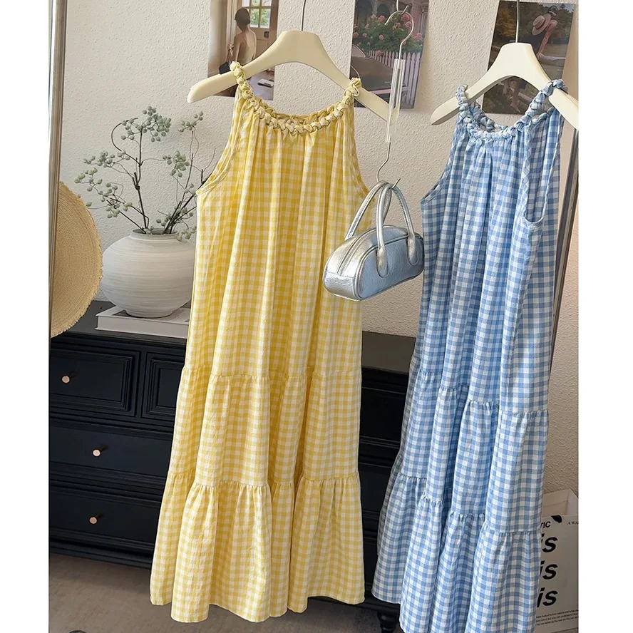 

2025 New Women's Clothing Neck-hanging Plaid Printing Dress Vest Skirt