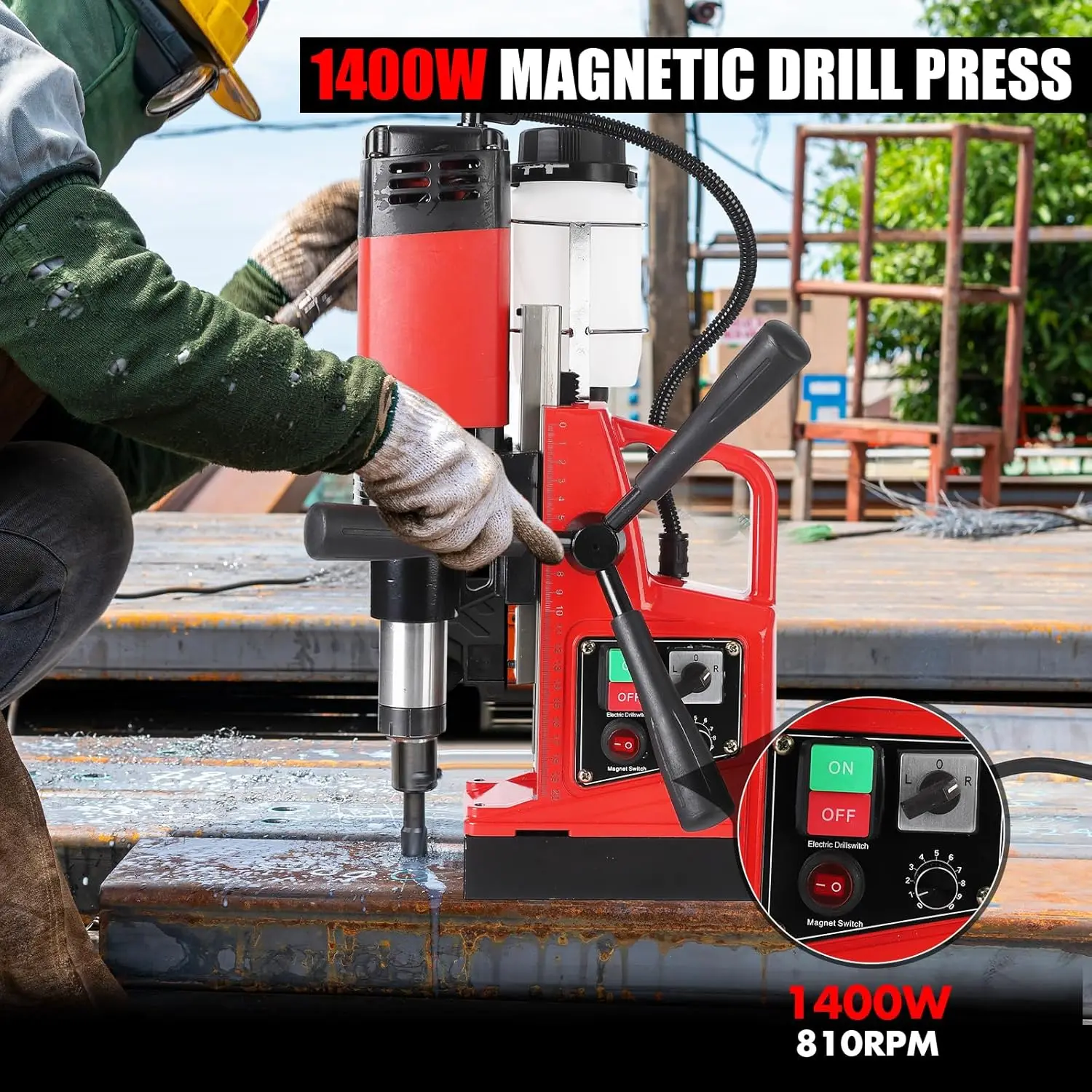 1400W Magnetic Drill Press, 810 RPM 10-Speed Reversible Tapping Mag Drill Press With 6 Drill Bits, Portable Drilling Machine