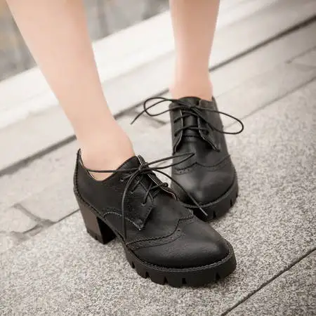 2024 Autumn Women Oxford Lace Up Shoes Vintage Round Toe Women Ankle Boots England Style High Heels Ladies Chaussure Femme 42 43