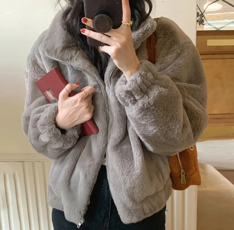 

Women Autumn Winter Thicken Warm Coat Stand-Collar Loose Fur Plush Zipper Jacket Soft Comfortable Casual Simple