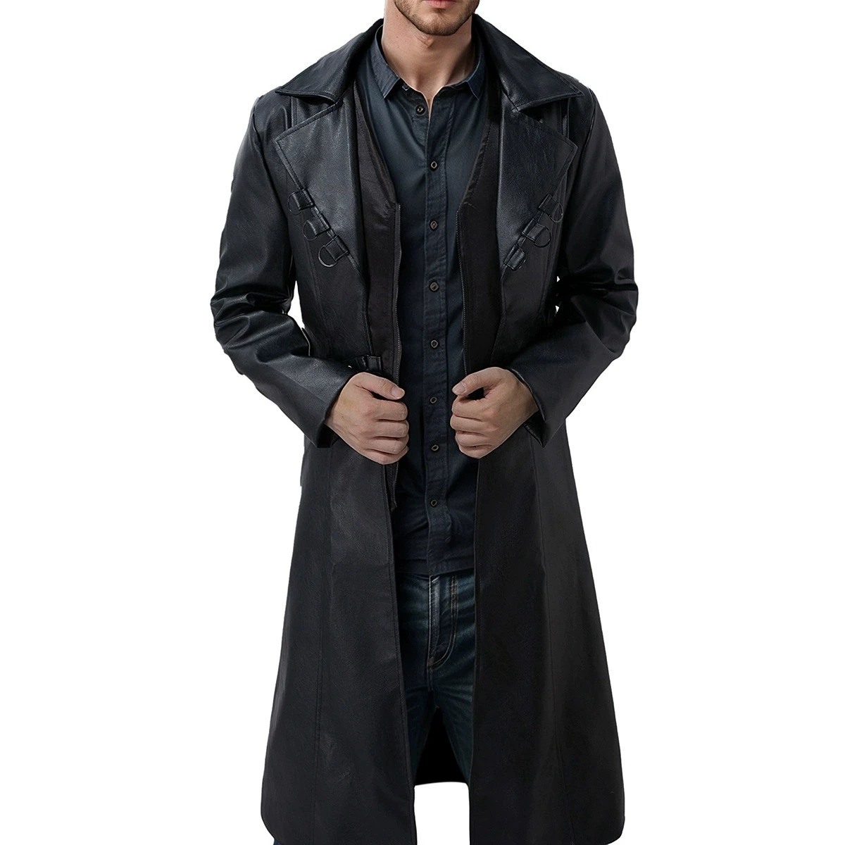 Medieval clothing PU leather coat men's luxury fashion black long casual autumn and winter new coat windbreaker