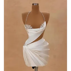 Sexy Halter White Prom Dresses Mini Skirts Above Knee Pleat Lace Illusion Special Occasion Cocktail Dress For Women