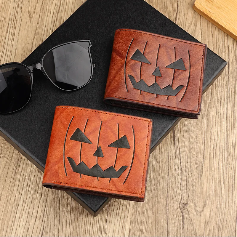 Retro Männer Brieftasche Halloween Brieftasche Mann Persönlichkeit Kürbis Kopf Geprägte Brieftasche Mann Karte Tasche Kurze Kupplung Geldbörse