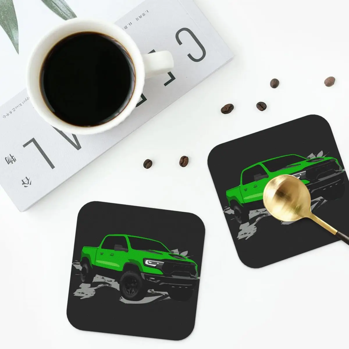 Green RAM Pickup Coasters PVC Leather Placemats Waterproof Insulation Coffee Mats for Decor Home Kitchen Dining Pads Set of 4