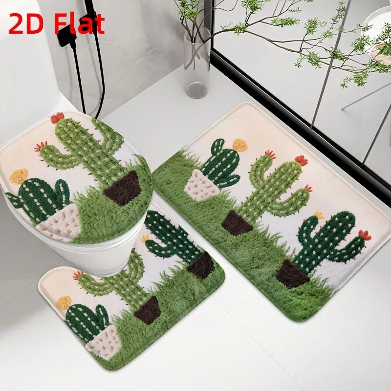 

Cute Cactus Print 3 Piece Bath Mat Set 2D Flat Style Anti Slip Soft Absorbent Toilet Seat Cover Home Decor Bathroom Accessories
